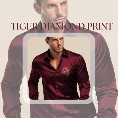 Indoprimo MenS Satin Stylish Club Wear Tiger Diamond Print Shirt Full Sleeve Maroon
