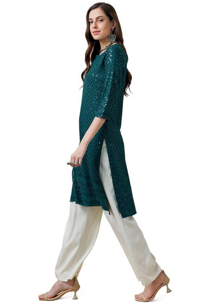 Soch Womens Teal Rayon Embroidered Straight Kurta With Sequins