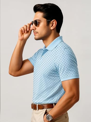 Mens Cotton Printed Polo Tshirt | 220 GSM Interlock Fabric | Slim Fit | Skin-Friendly Ink | Sky Blue Golf-Inspired Pattern T Sh