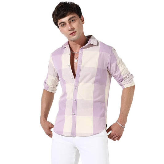 Campus Sutra Mens White & Lilac Buffalo Check Button Up Regular Fit Shirt for Casual Wear | Cotton Spread Collar Shirt Crafted
