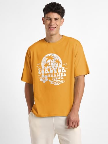 Nobero MenS Oversized Fit T-Shirt (1M-Twrt-C0744-Ac_Apricot Crush