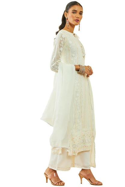 Soch Womens Off White Georgette All-Over Embroidered Palazzo Suit Set With Dupatta