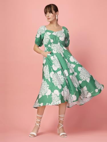 OOMPH! Womens Western & Fusion wear Printed Crepe Dress for Women, Puffed Sleeve, Green - md1039