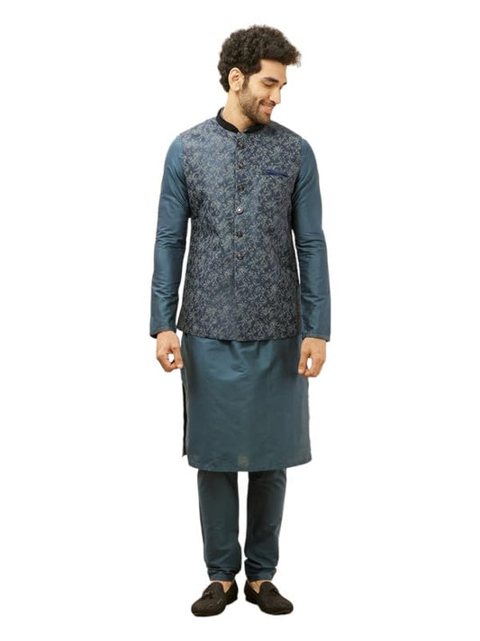 Manyavar Mens Blue Art Silk Printed Jacket