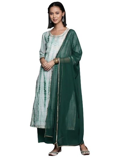 Varanga Women Straight Kurta With Round Neck Paired With Green Solid Palazzo And Green Solid Dupatta.