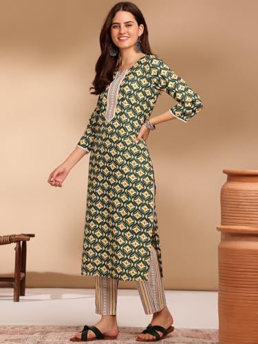 Kurta Set: Radiate Style And Sophistication! Elevate Your Look With Our Cotton Blend Printed Kurti Pant Sets! Green