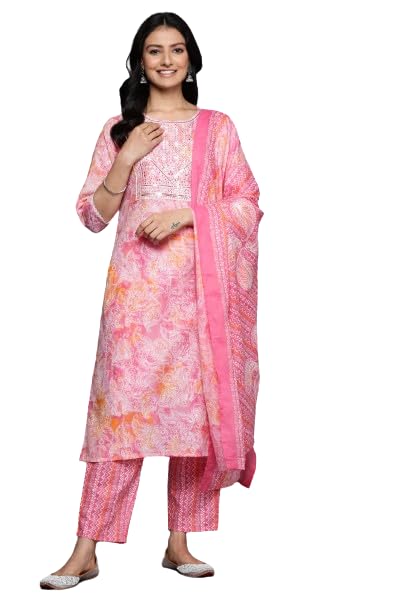 Varanga Women Pink Printed Round Neck Yoke Embroidered Straight Kurta with Bottom and Dupatta