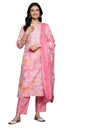 Varanga Women Pink Printed Round Neck Yoke Embroidered Straight Kurta with Bottom and Dupatta