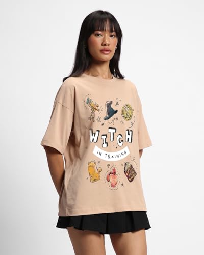 Bewakoof Official Harry Potter Merchandise Womens Graphic Print Oversized Fit Half Sleeve Round Neck Cotton T-Shirt_629070_Brow
