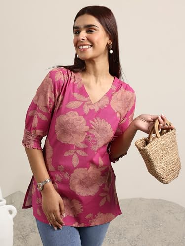 Libas Womens Printed Cotton Straight Kurti For Women Pink