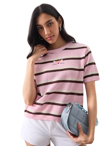 The Souled Store Open Knit T-Shirt: Pink Panther Women and Girls Short Sleeves Round Neck Striped Embroidered Cotton Relaxed Fit