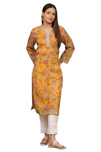 W for Woman Yellow Floral Printed Straight Kota Kurta