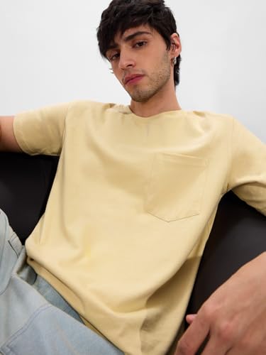 The Souled Store Solids: Seashell Cream Men and Boys Short Sleeves Round Neck Regular Fit Cotton T-Shirts