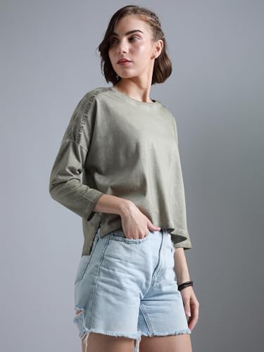 High Star WomenS Geometric Loose Fit T-Shirt (Hswtsw23006_Be_Beige