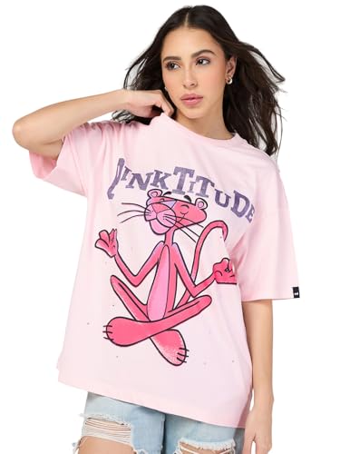 Bewakoof Pink Panther WomenS Graphic Print Oversized Fit Half Sleeve Round Neck Cotton T-Shirt_684855_Pink_Xs