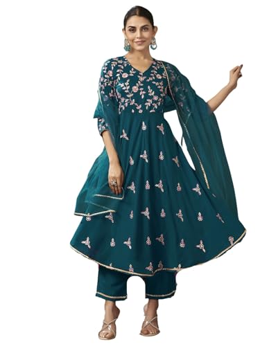 Sanisa Women's Chinnon Sequins and Embroidery Work Anarkali Kurta with Pant and Dupatta Set