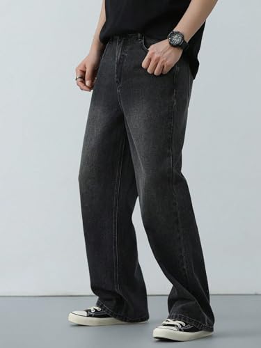 KOTTY Mens Solid Mid Rise Comfortable and Strechable Stylish Jeans(Black,30)