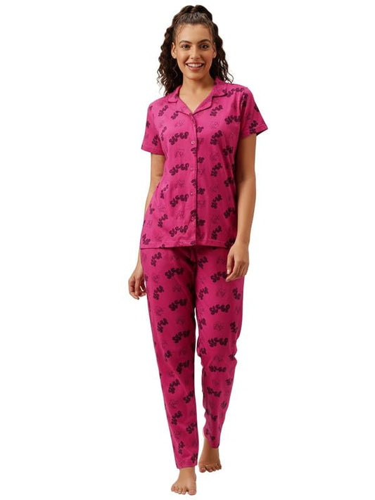 Clovia Womens Cotton Looney Tunes Button Down Shirt & Pyjama Set (LS0025B15_Purple_M)