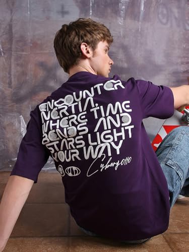 Hubberholme Men Printed Oversized Round Neck Half Sleeves Tshirts 30 Purple