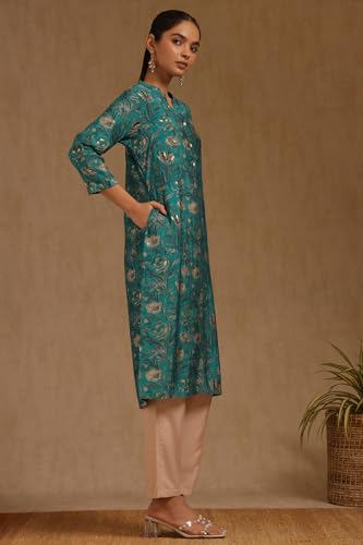 Soch Womens Teal Muslin Floral Print Kurta