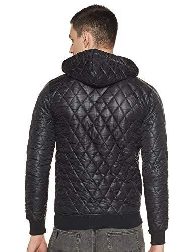 Campus Sutra Mens Solid Black Quilted Regular Fit Jacket for Casual Wear. Hooded Collar Jacket Crafted with Regular Full Sleeve