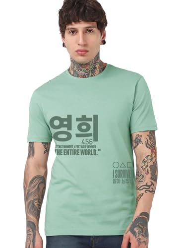 Bewakoof Official Squid Game Merchandise Mens Graphic Printed Regular Fit Half Sleeve Round Neck Cotton T-Shirt_683863_Green_M