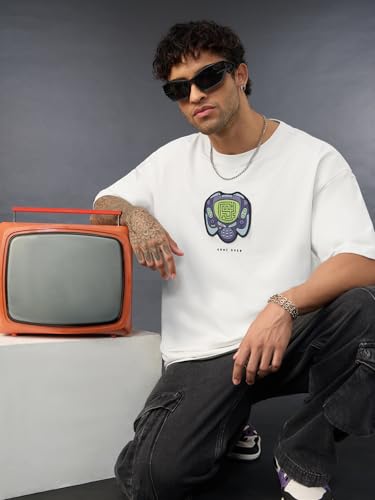 The Souled Store Oversized T-Shirt: Snake Game Men and Boys Short Sleeves Round Neck White Embroidered Applique Patch Casual Str