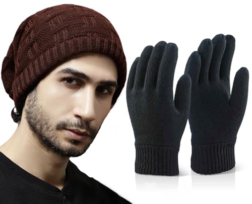 Weavers Villa Set Of Snow Proof Inside Fur Acro Wool Unisex Beanie Cap Knit Hat Thick Fleece Lined Winter Cap With Gloves For Me