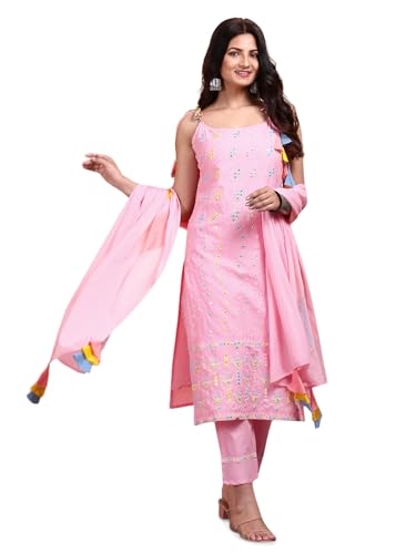 ishin Women Pink Cotton Kurta set with Dupatta
