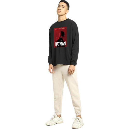 Bewakoof Mens Batman Poster Graphic Print Black Round Neck Long Sleeve Oversized Fit T-Shirt