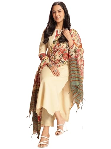 Gosriki WomenS Rayon Blend Solid Straight Kurta With Pant & Dupatta (Dhar Cream-Gs_S_Cream_Small)