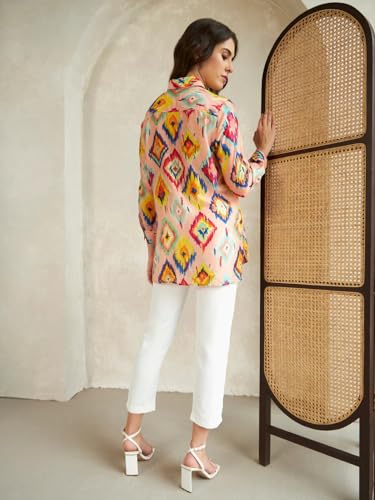 Leriya Fashion Womens Rayon Ikat Printed Casual Shirt Tops for Women Long Cuff Sleeves Collared Neck Button Down Tunic for Outi