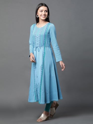 Aurelia Blue Printed Flared Kurta and Tights Winter Set