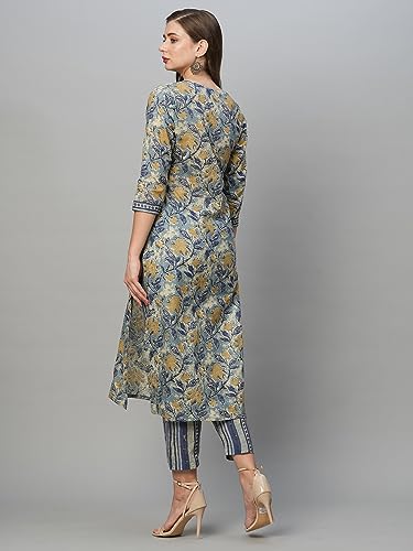 ANNI DESIGNER Women's Cotton Blend Straight Printed Kurta with Pant Set (Prachi Blue_L_Blue_Large)