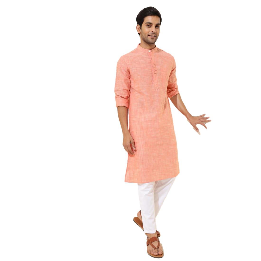 Fabindia MenS Cotton Woven Slim Long Kurta (1038412Coral_Coral