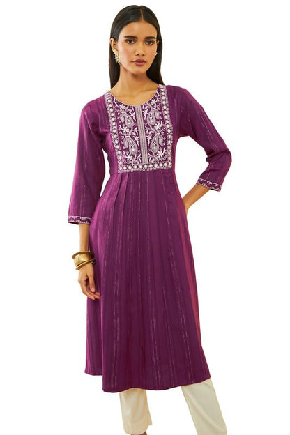 Soch Womens Wine Rayon Paisley and Floral Embroidered Yoke Round-Neck Straight Kurta