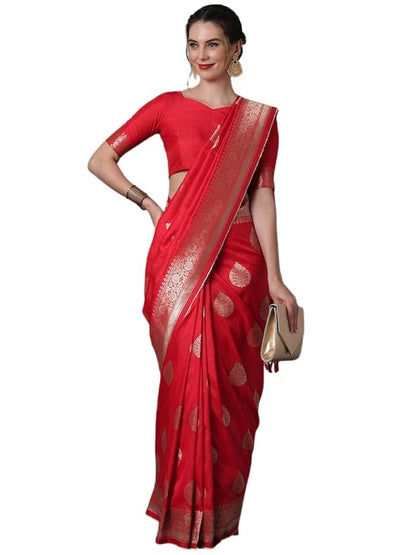 Leriya Fashion Womens Present Banarasi Soft Lichi Silk Saree | Jacquard Rich Pallu Design | Golden saree for women | Cotton silk