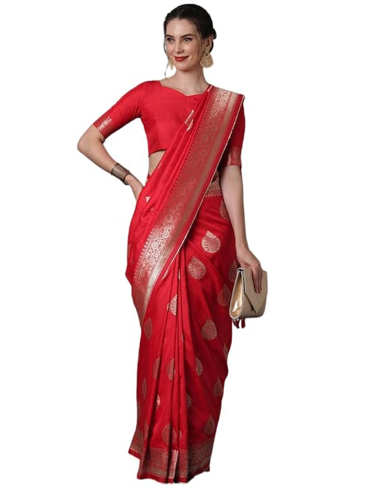 Leriya Fashion Womens Present Banarasi Soft Lichi Silk Saree | Jacquard Rich Pallu Design | Golden saree for women | Cotton silk