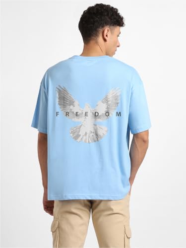 Nobero MenS Graphic Printed Oversized Fit T-Shirt (1M-Twrt-C0832-Mn_Powder Blue