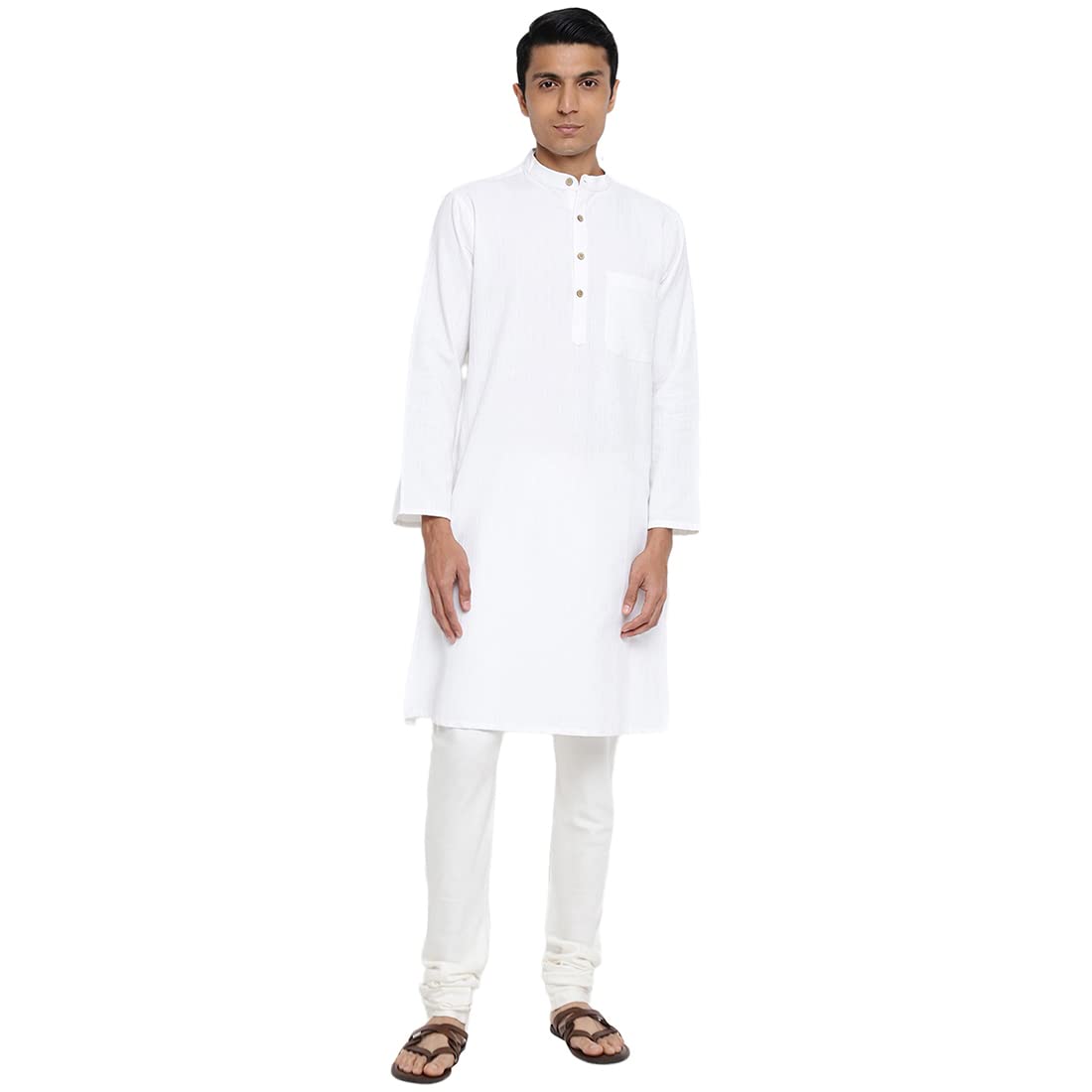 Fabindia Men Cotton Dobby Printed Long Kurta White_Xs