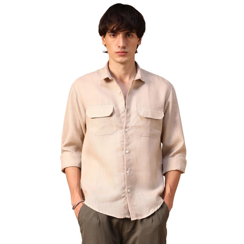 Campus Sutra Mens Khaki Beige Solid Utility Shirt for Casual Wear | Spread Collar | Long Sleeve | Button Closure | Shirt Crafte