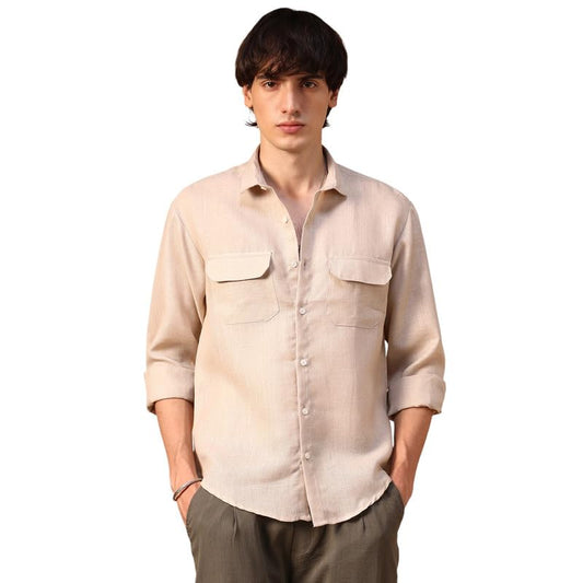 Campus Sutra Mens Khaki Beige Solid Utility Shirt for Casual Wear | Spread Collar | Long Sleeve | Button Closure | Shirt Crafte