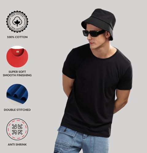 ADRO Men's Solid Regular Fit T-Shirt (RCM3-PLN-NB-BL-WH_Navy,Black,White