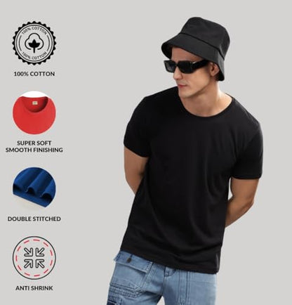 ADRO Men's Solid Regular Fit T-Shirt (RCM3-PLN-NB-BL-WH_Navy,Black,White
