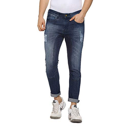 Campus Sutra MenS Navy Blue Lightly Distressed Denim Jeans For Casual Wear | Dark-Wash | Regular Fit | Button Closure | Denim J