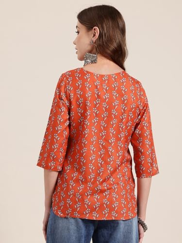 Pinkmint Womens Printed Cotton Blend Short Kurti l All Over Printed V-Cut Neckline Casual Wear Tunic Tops l Ethnic Tops for G
