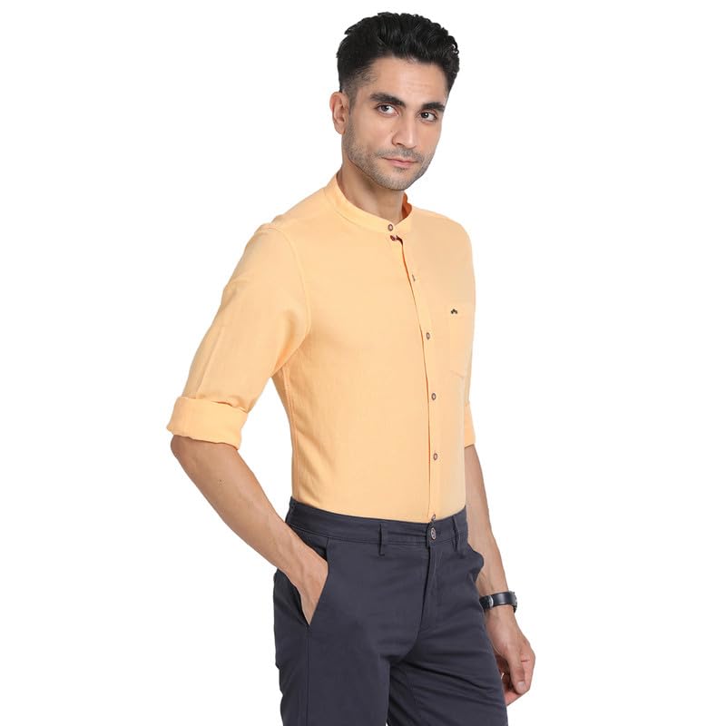 Turtle Men Cotton Linen Yellow Plain Slim Fit Mandarin Collar Casual Shirt