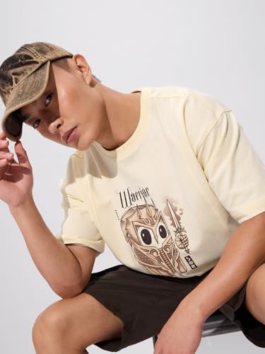 The Souled Store Warrior Soul Men And Boys Short Sleeves Round Neck Yellow Graphic Printed Cotton Oversized T-Shirts