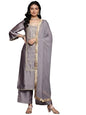 Varanga Women Grey Round Neck With Heavy Zari Embroidered Kurta With Bottom And Dupatta