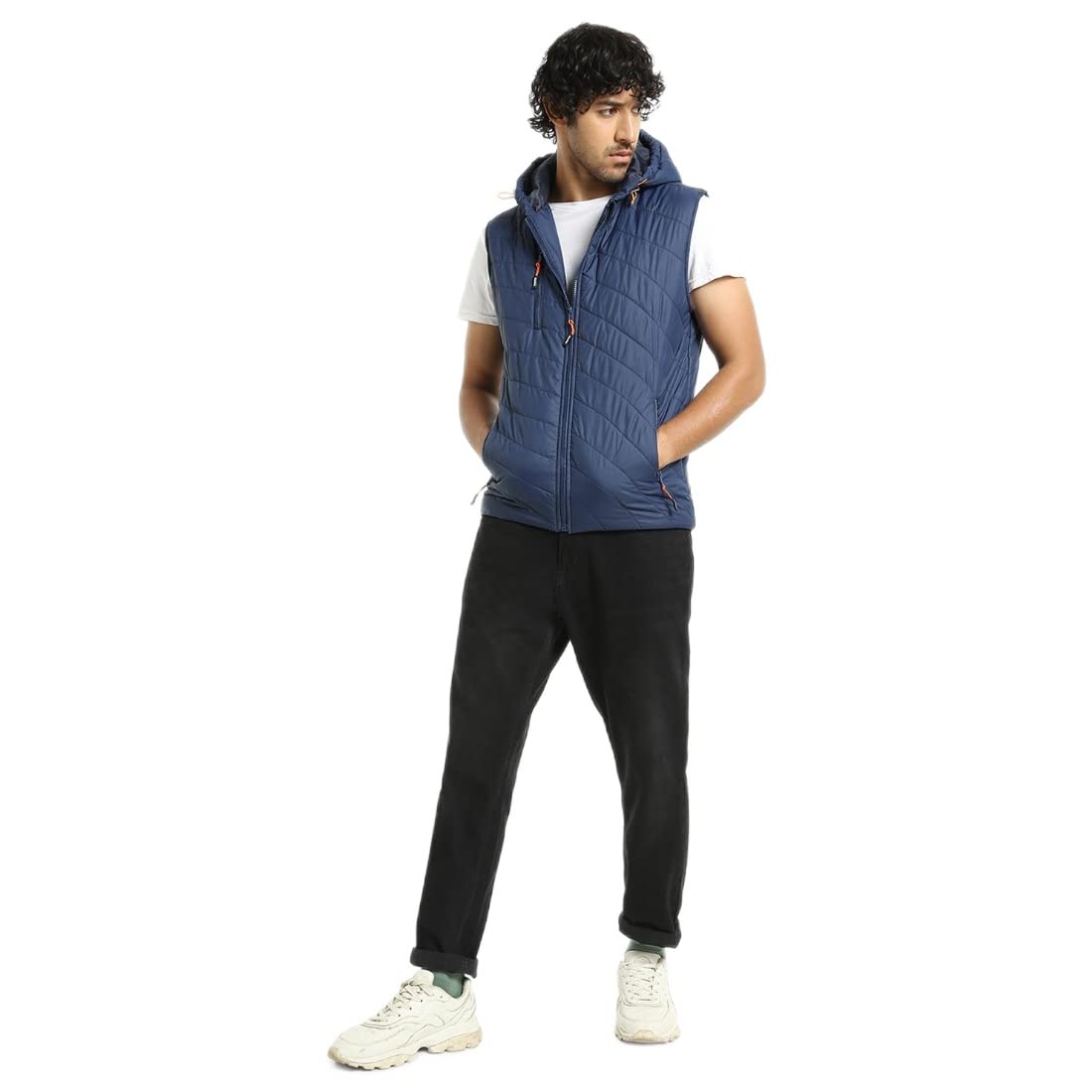 Bewakoof Mens Solid Regular Fit Sleeveless Hooded Nylon Puffer Jacket